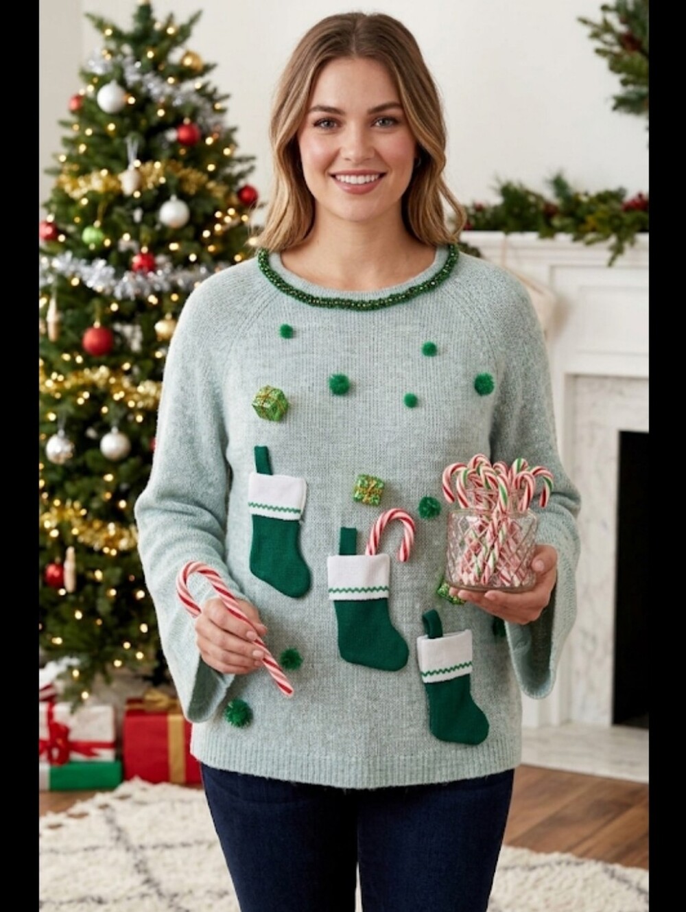 Mint Green Christmas Sweater Pullover M Garland Packages Bell Sleeves